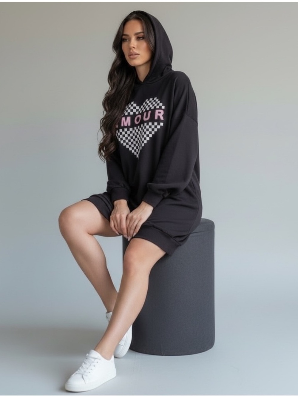 NWT Amour Black Corset Lace Up Checkered Hoodie Sweatshirt Mini Dress Boutique - Picture 3 of 9